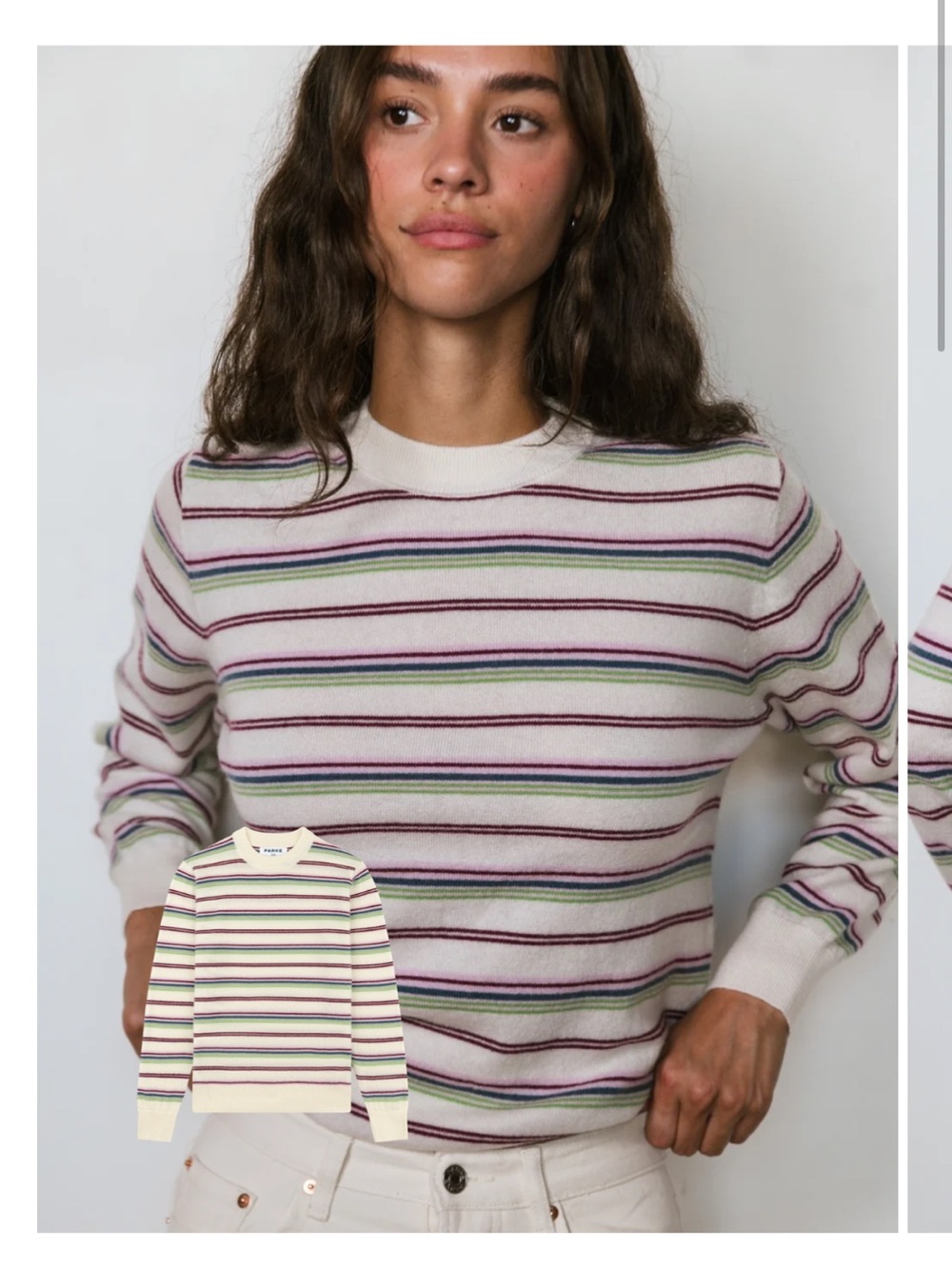 NWT Parke Cream Crewneck Sweater with Pink, Green and Burgundy Stripes